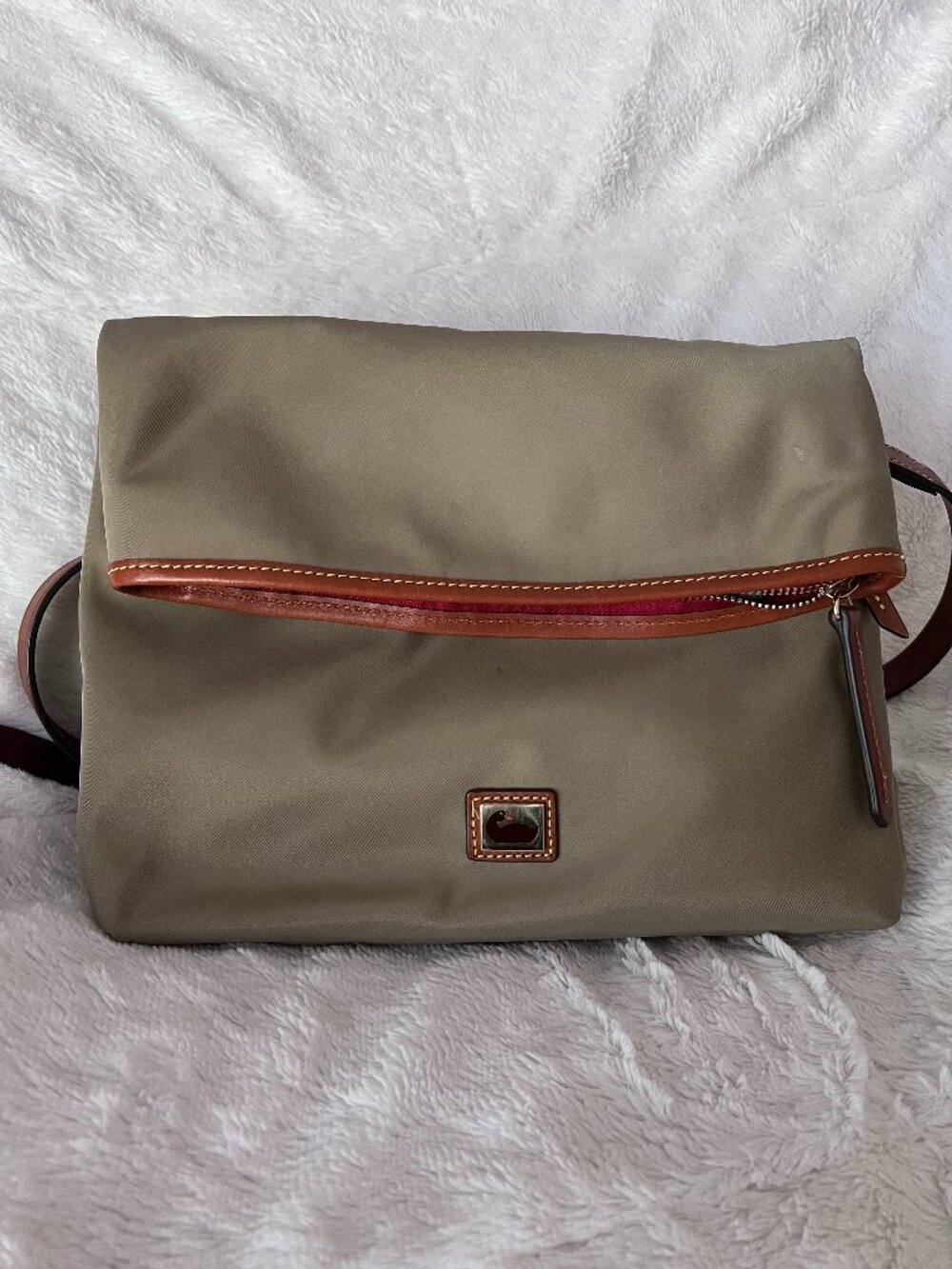 Dooney & Bourke Nylon Crossbody Bag Taupe Khaki Brown Leather Trim Lightweight P